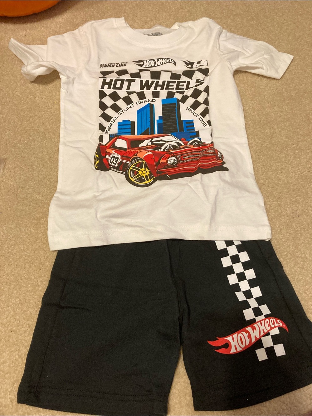 Carter's White Tee with Red Hot Wheels Car & Black Checkered Shorts